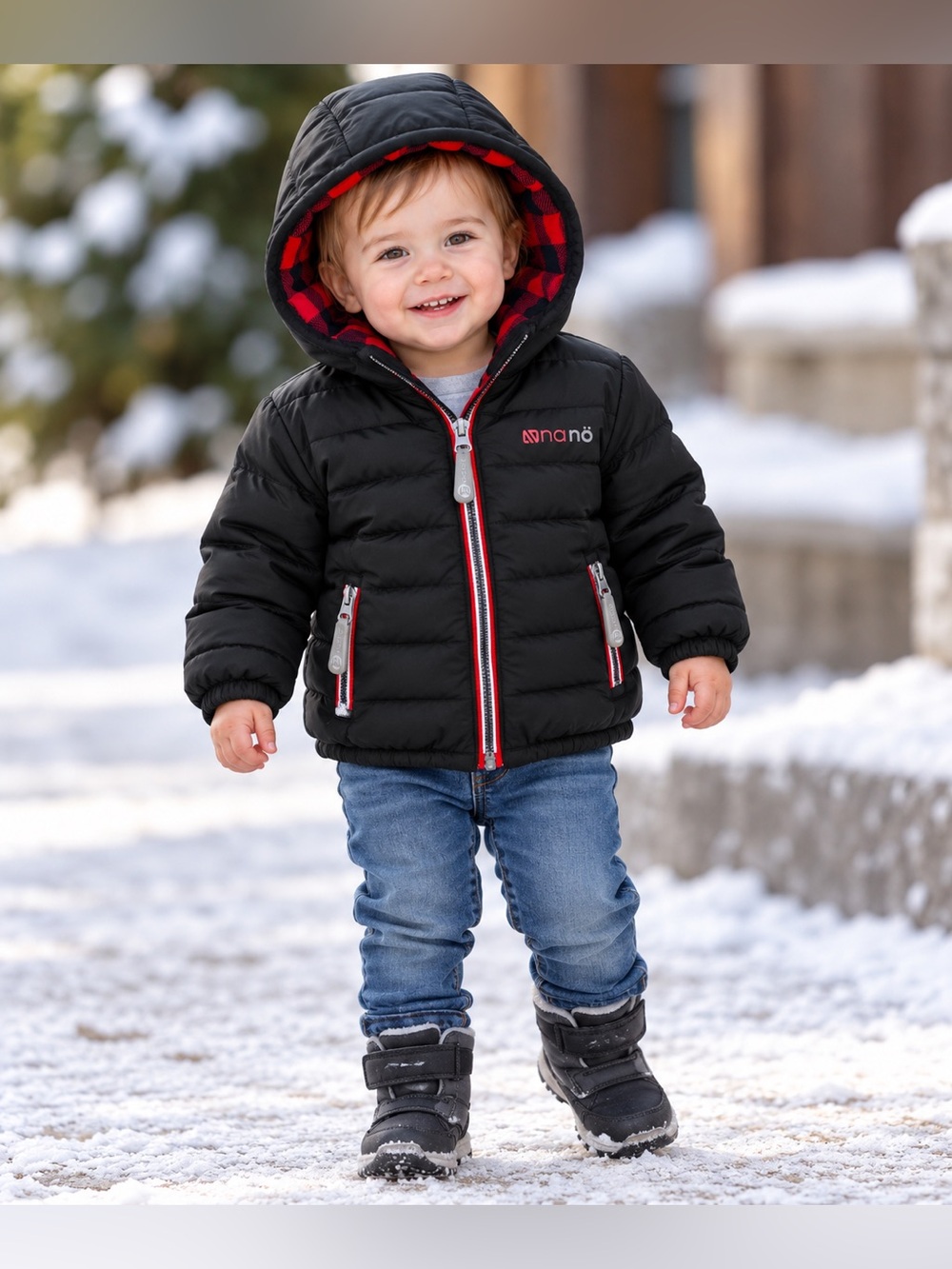 Nanö Infant Puffer Jacket – Black w/ Buffalo Plaid Lined Hood – 18 Months